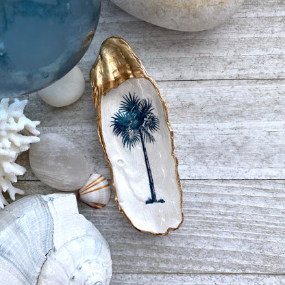 Decoupage Palm Tree Oyster Shell Ring Dish – Coastal Jewelry Holder, Nautical Gift