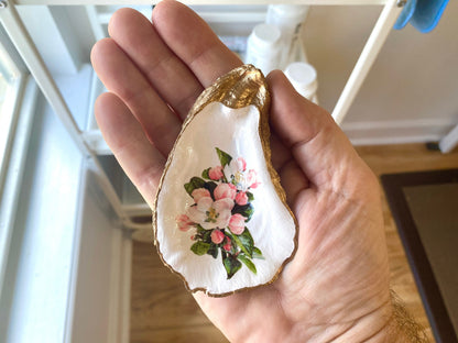 Decoupage Oyster Shell Trinket Dish – Apple Blossom Floral Art