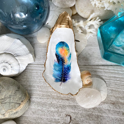 Decoupage Oyster Shell Trinket Dish - Feather Design, Beach House Decor