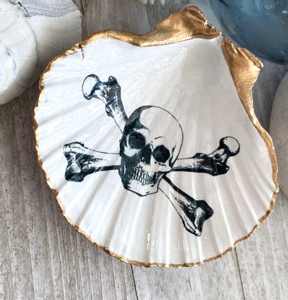 Decoupage Scallop Shell Trinket Dish Skull & Crossbones
