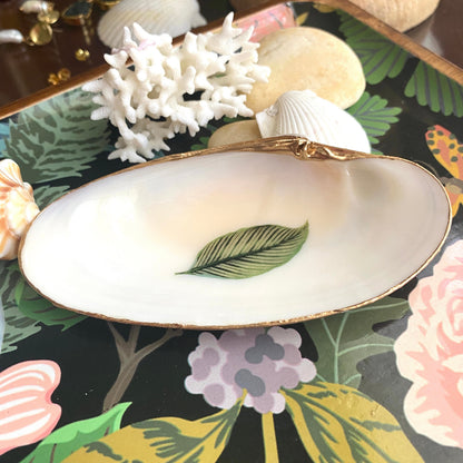Decoupage Botanical Clam Shell Ring Dish – Hand-Painted Jewelry Holder, Housewarming Gift