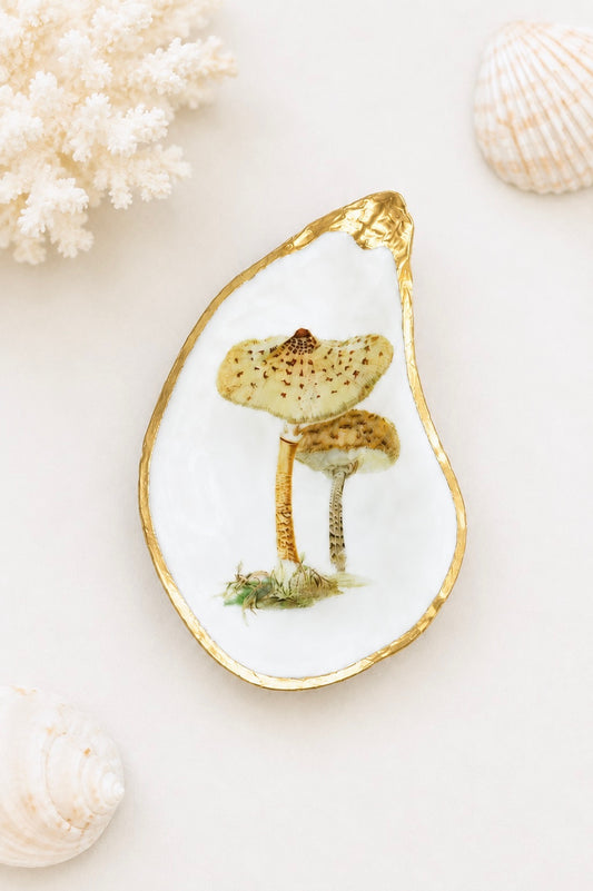 Mushroom Oyster Shell Ring Dish – Gold Leaf Decoupage Jewelry Holder, Cottagecore Trinket Dish, Woodland Nature Gift,Ring Holder for Kitchen