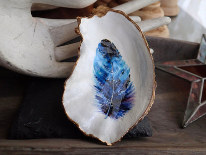 Decoupage Oyster Shell Jewelry Dish, Feather Design, Beach House Decor Accent