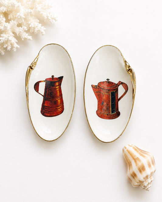 Decoupage Clam Shell Spoon Rest Pair – Vintage Coffee & Tea Illustration