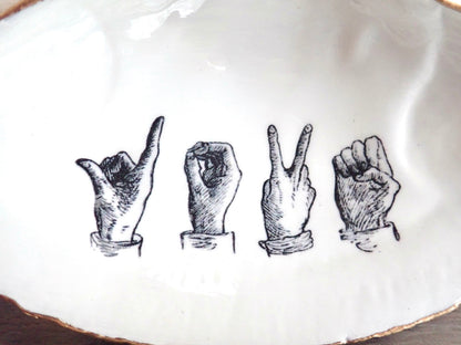 American Sign Language "Love" Decoupage Clam Shell Trinket Dish