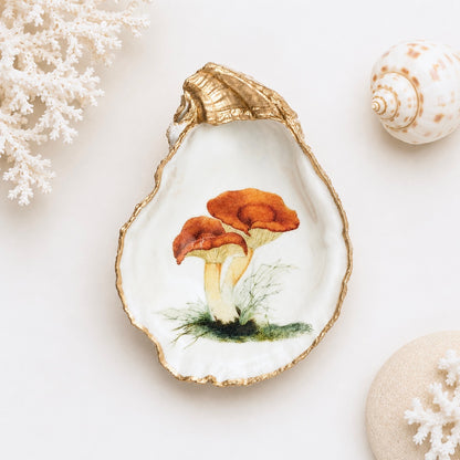 Mushroom Oyster Shell Ring Dish – Gold Leaf Decoupage Jewelry Holder, Cottagecore Trinket Dish, Woodland Nature Gift,Ring Holder for Kitchen