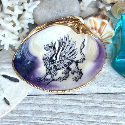 Decoupage Clam Shell Trinket Dish Mythical Griffin Art