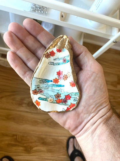 Decoupage Oyster Shell Ring Dish – Autumn Leaves Design, Hostess Gift