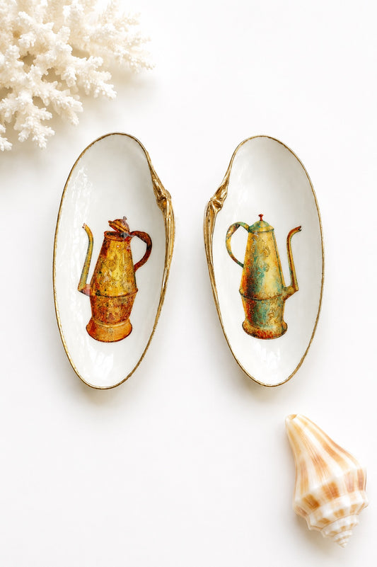 Decoupage Clam Shell Spoon Rest Pair – Vintage Coffee & Tea Illustration