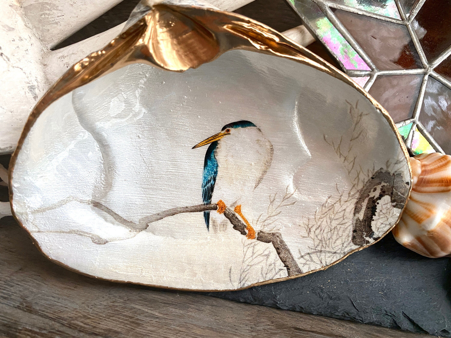 Decoupage Clam Shell Dish Night Heron Bird Art
