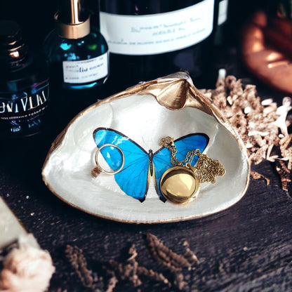 Blue Morpho Butterfly Decoupage Clam Shell Trinket Dish