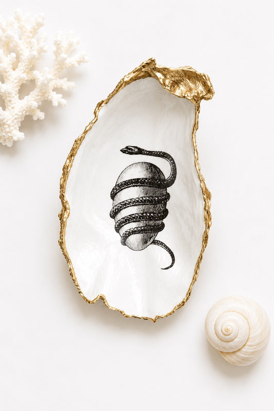 Decoupage Orphic Egg Oyster Shell Ring Dish – Handcrafted Esoteric Art, Greek Mythology Gift