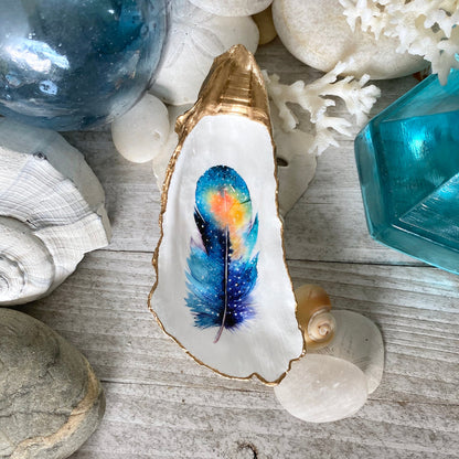 Decoupage Oyster Shell Trinket Dish - Feather Design, Beach House Decor