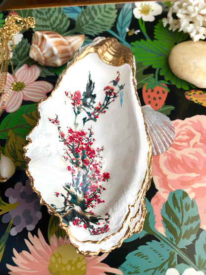 Cherry Blossom Oyster Shell Trinket Dish – Hand-Crafted Decoupage Art