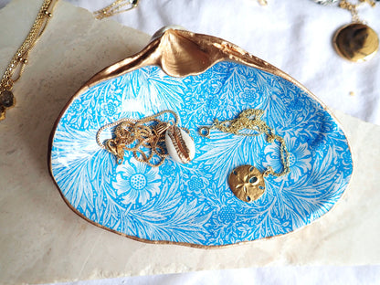 Decoupage Clam Shell Trinket Dish Blue Floral Pattern