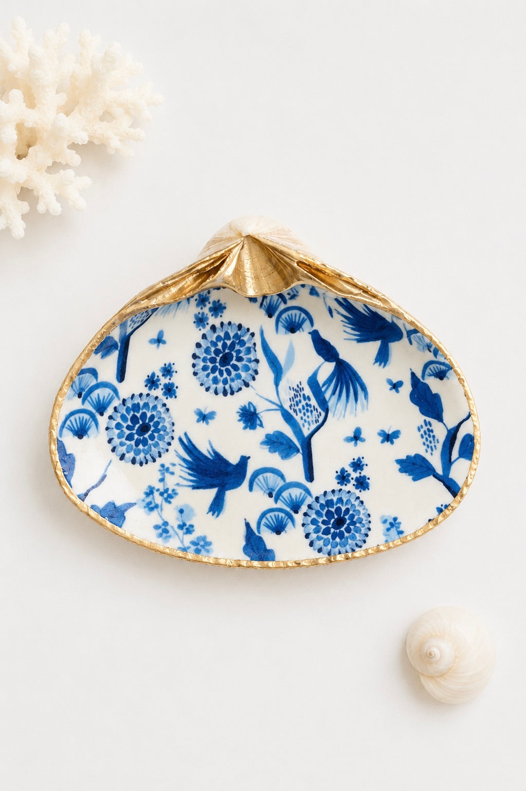 Decoupage Clam Shell Ring Dish – Delft Blue & White Design, Coastal Accent
