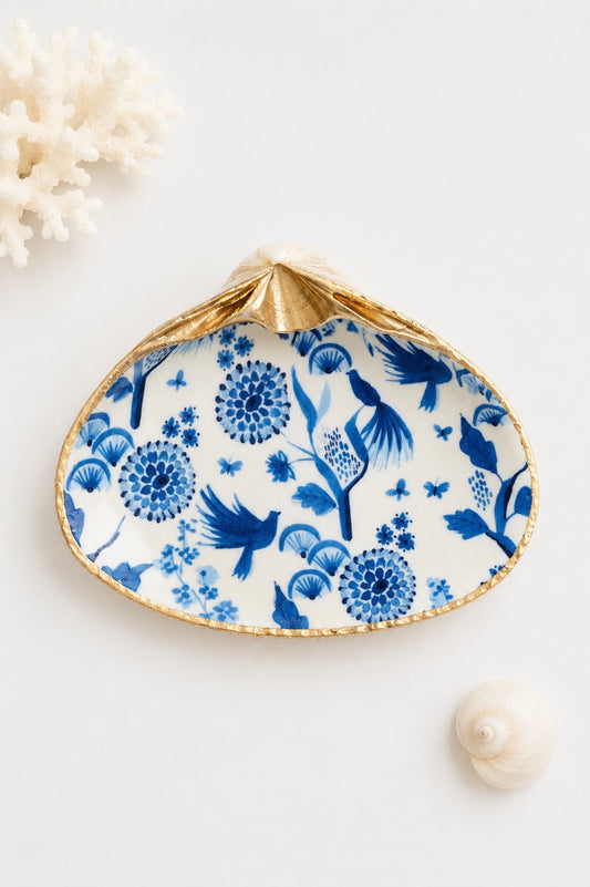 Decoupage Clam Shell Ring Dish – Delft Blue & White Design, Coastal Accent
