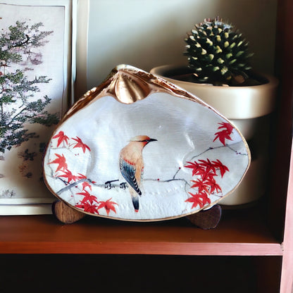Cedar Waxwing Bird Decoupage Clam Shell Ring Dish