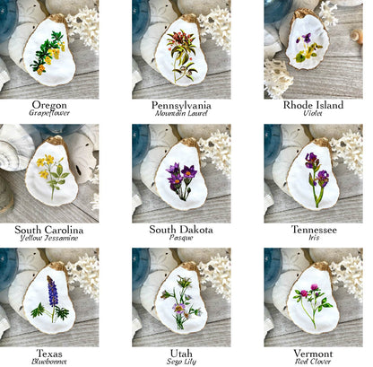 Decoupage Oyster Shell Ring Dish – State Flower Art Coastal Jewelry Holder, Hostess Gift