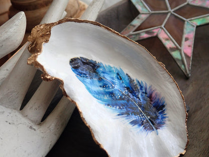 Decoupage Oyster Shell Jewelry Dish, Feather Design, Beach House Decor Accent