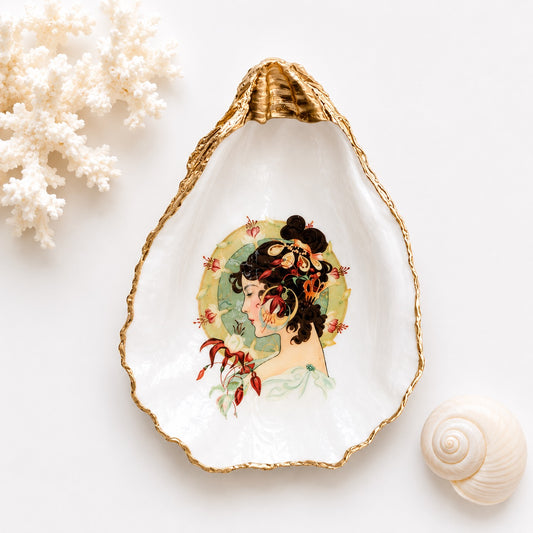 Decoupage Oyster Shell Ring Dish – Art Nouveau Coastal Home Decor