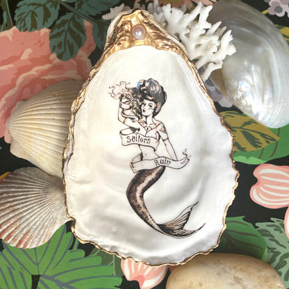 Decoupage Mermaid Oyster Shell Ring Dish – Hand-Painted Coastal Decor, Gold & Pearl Accent, Sailor Gift