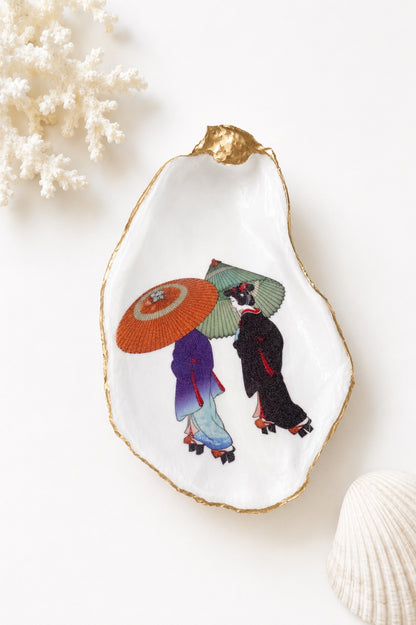 Decoupage Oyster Shell Trinket Dish Geisha Art