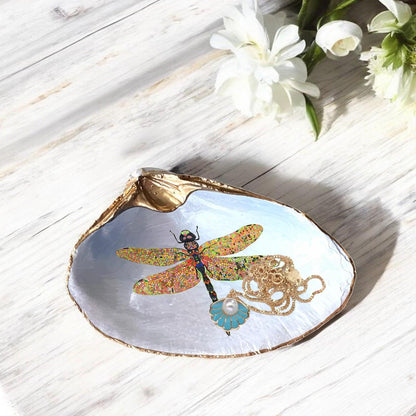 Decoupage Clam Shell Trinket Dish Dragonfly Art