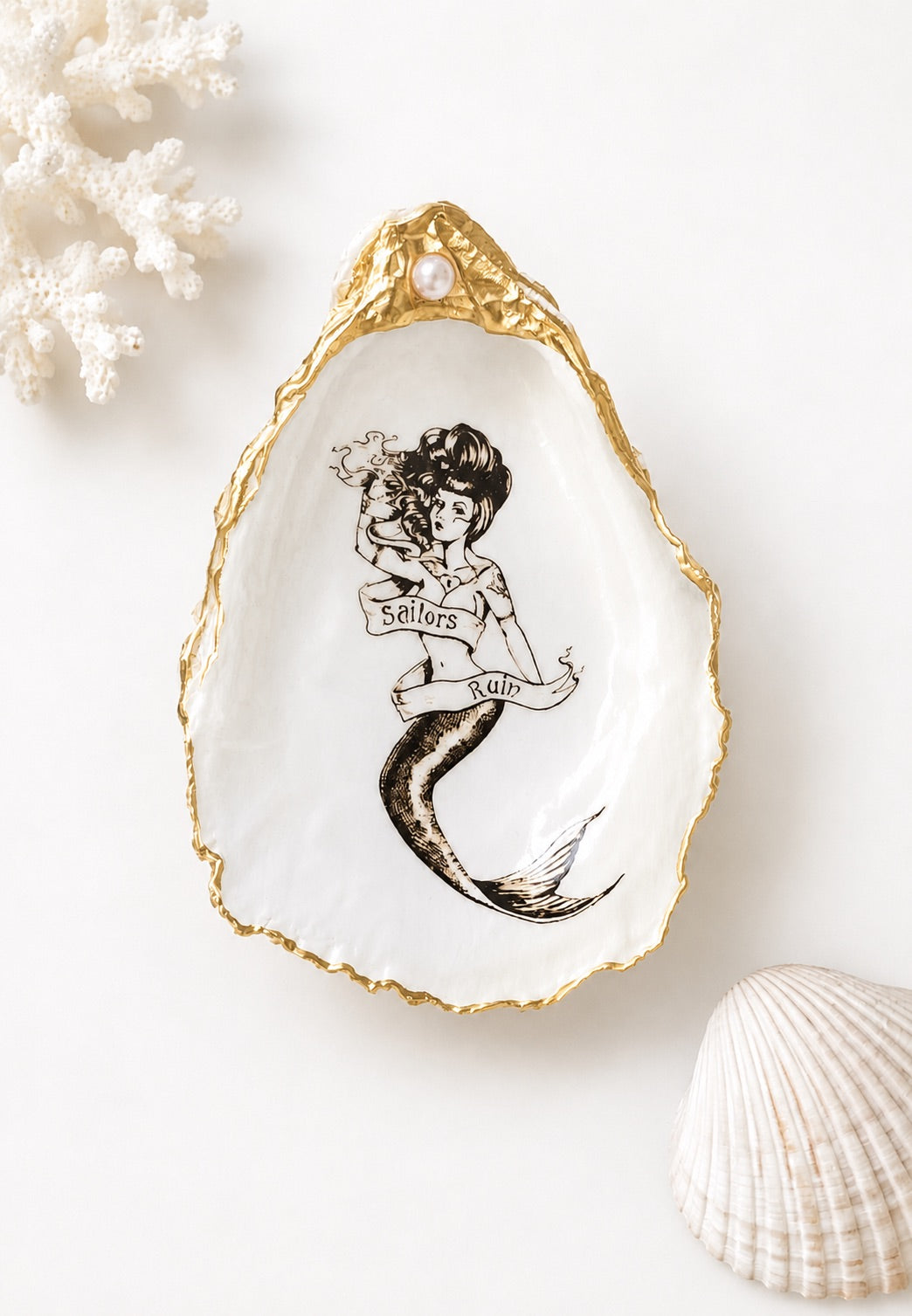 Decoupage Mermaid Oyster Shell Ring Dish – Hand-Painted Coastal Decor, Gold & Pearl Accent, Sailor Gift