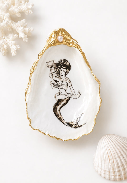 Decoupage Mermaid Oyster Shell Ring Dish – Hand-Painted Coastal Decor, Gold & Pearl Accent, Sailor Gift