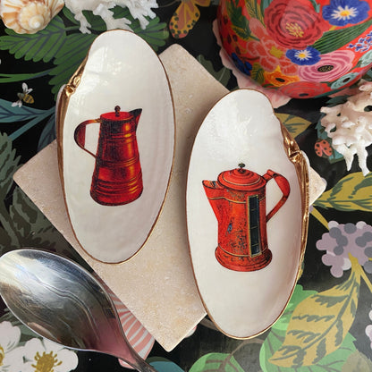 Decoupage Clam Shell Spoon Rest Pair – Vintage Coffee & Tea Illustration