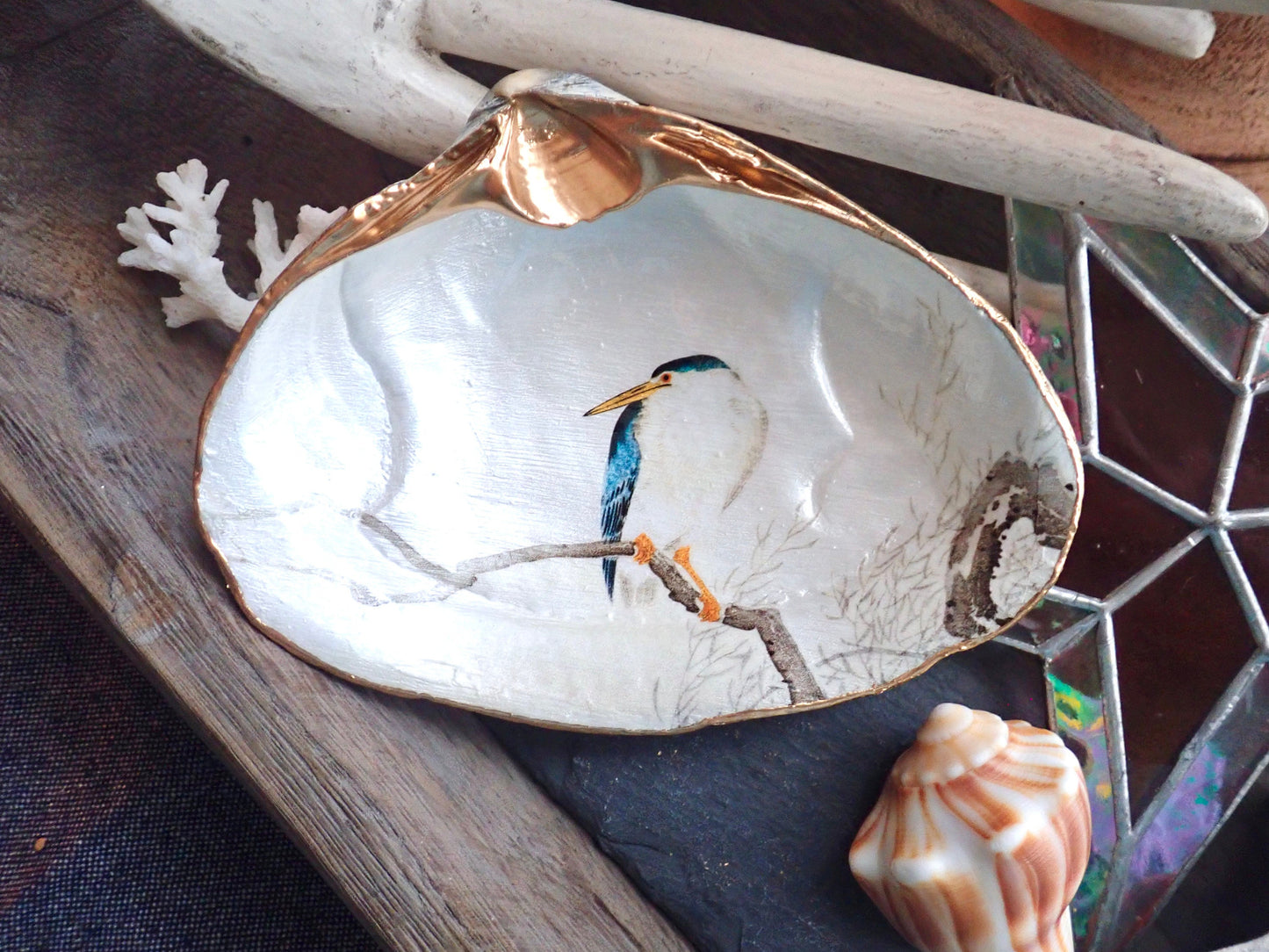 Decoupage Clam Shell Dish Night Heron Bird Art