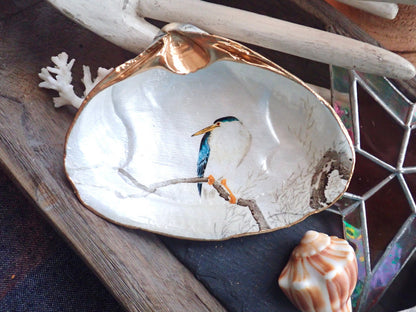 Decoupage Clam Shell Dish Night Heron Bird Art
