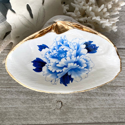 Decoupage Clam Shell Trinket Dish Floral Chinoiserie Art