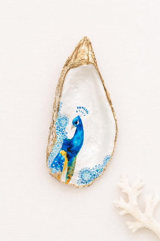 Decoupage Oyster Shell Trinket Dish Peacock Art