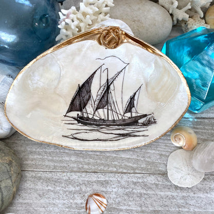 Decoupage Clam Shell Trinket Dish Sailboat Art
