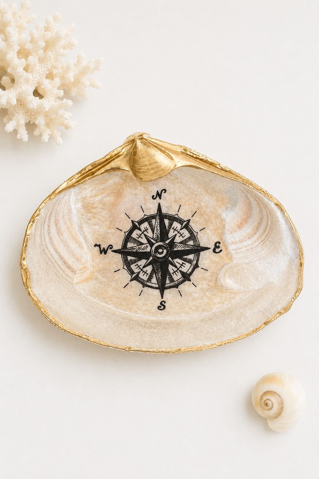Decoupage Clam Shell Nautical Compass Art Trinket Dish