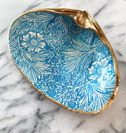 Decoupage Clam Shell Trinket Dish Blue Floral Pattern