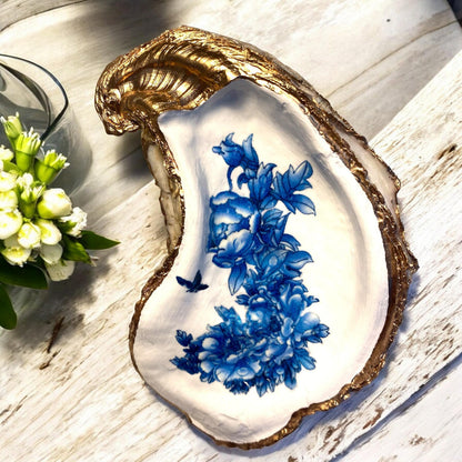 Chinoiserie Decoupage Oyster Shell Ring Dish – Handcrafted Coastal Jewelry Holder, Hostess Gift