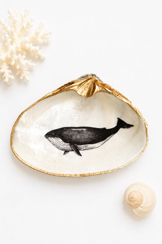 Decoupage Whale Art Clam Shell Trinket Dish