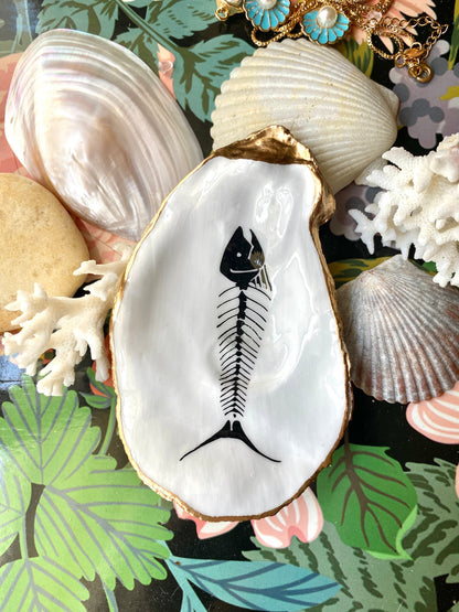 Decoupage Oyster Shell Jewelry Dish – Fish Skeleton, Nautical Halloween Decor