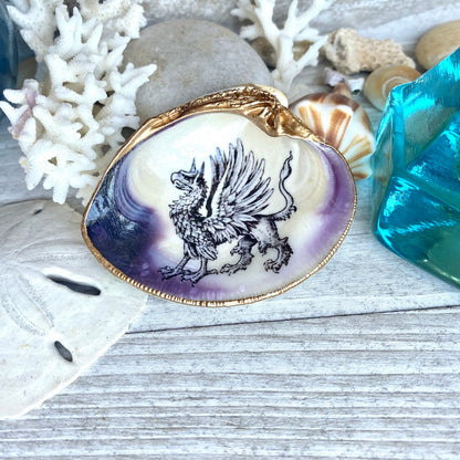 Decoupage Clam Shell Trinket Dish Mythical Griffin Art