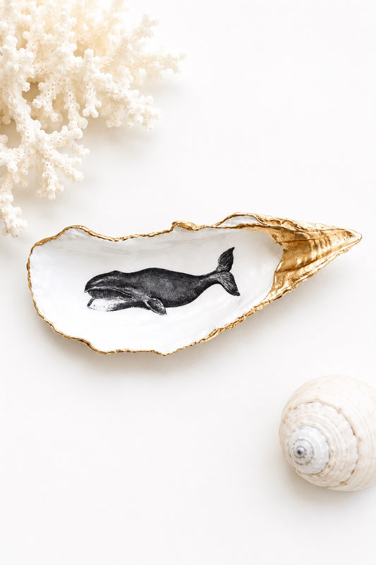 Whale Art Decoupage Oyster Shell Trinket Dish