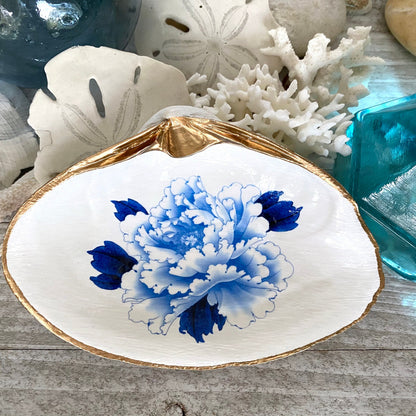 Decoupage Clam Shell Trinket Dish Floral Chinoiserie Art