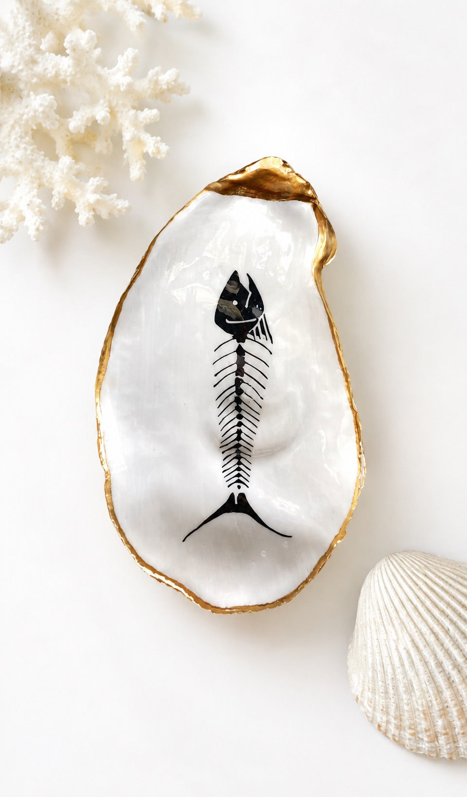 Decoupage Oyster Shell Jewelry Dish – Fish Skeleton, Nautical Halloween Decor