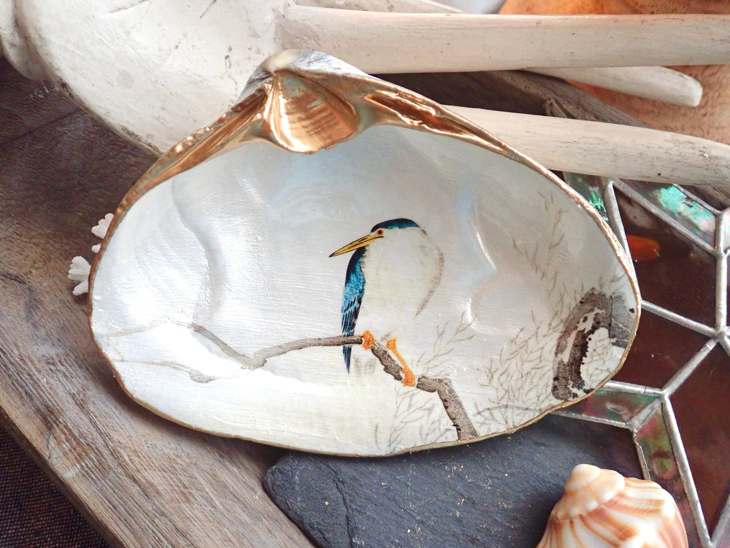 Decoupage Clam Shell Dish Night Heron Bird Art