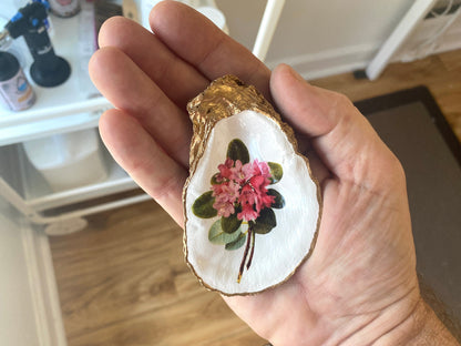 Decoupage Oyster Shell Ring Dish – State Flower Art Coastal Jewelry Holder, Hostess Gift