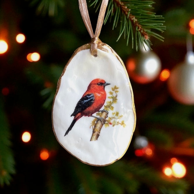 Holiday Ornaments Decoupage Oyster Shell Bird Lover Art