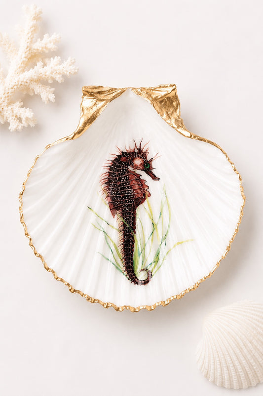 Vintage Seahorse Scallop Shell Ring Dish, Coastal Beach House Decor, Ocean Lover Gift