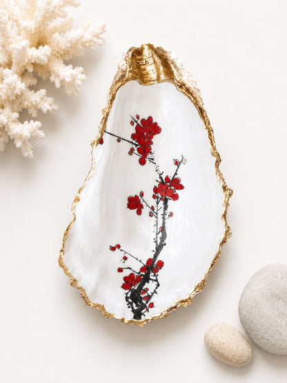 Cherry Blossom Oyster Shell Trinket Dish – Hand-Crafted Decoupage Art